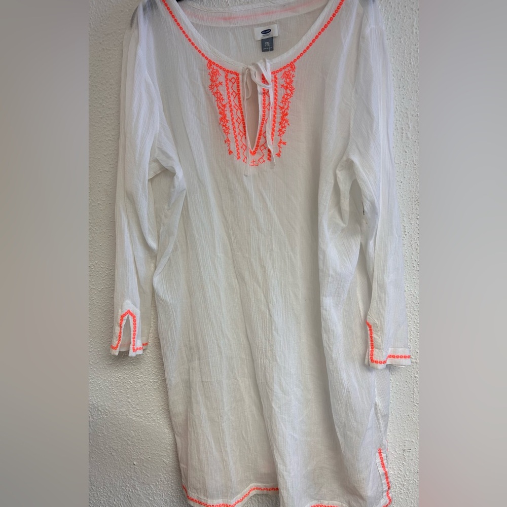 Old Navy White & Neon orange Embroidered Gauze Cotton Coverup NWT  SZ  XXL